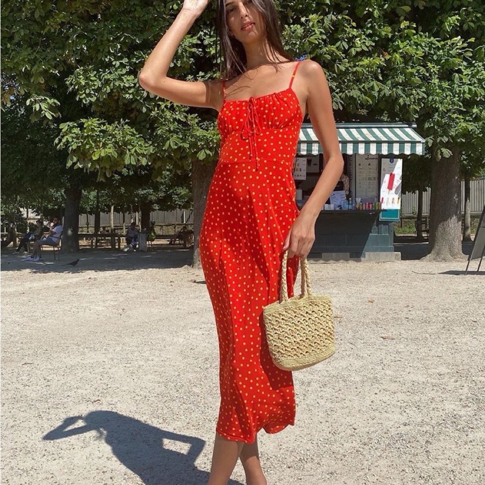 Realisation Par Red Midi Dress with White Polka Dots